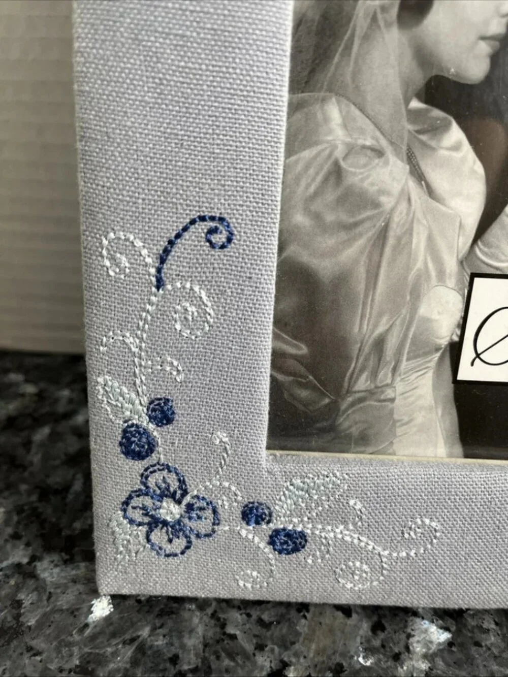 Sherborne Embroidered Floral Picture Frame Blue Gray Fabric 4x6